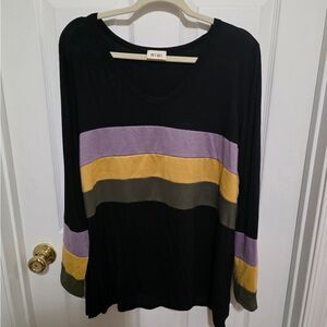 BiBi Black Long Sleeve Top with Purple, Yellow, and Green Stripes